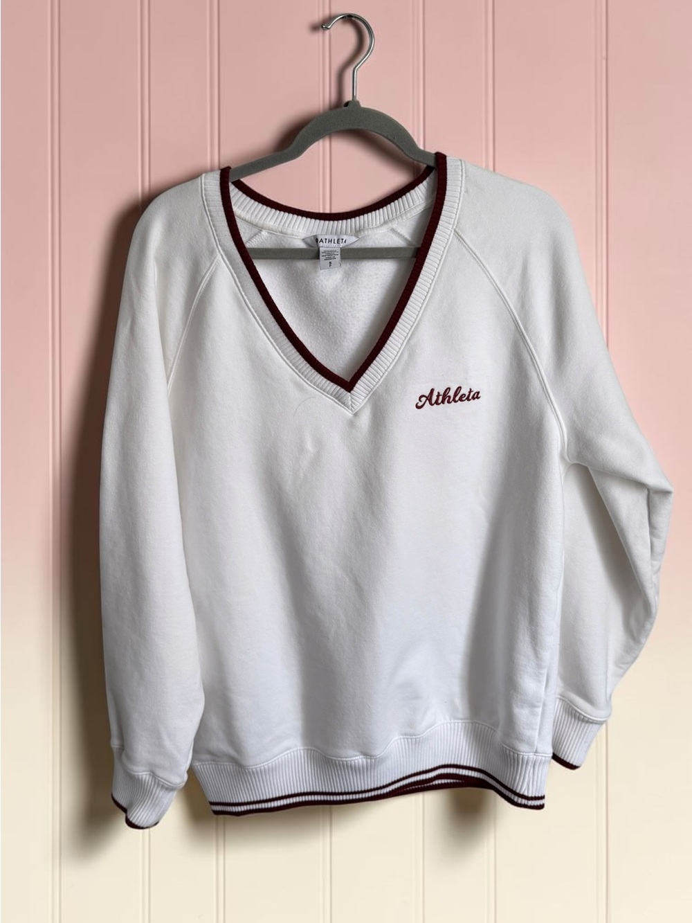 Athleta White V-Neck Sweater with Maroon Trim - Picture 3 of 10